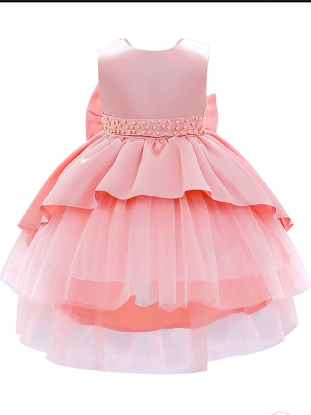 Pink Pearl-Trim Tulle Party Dress for Girls